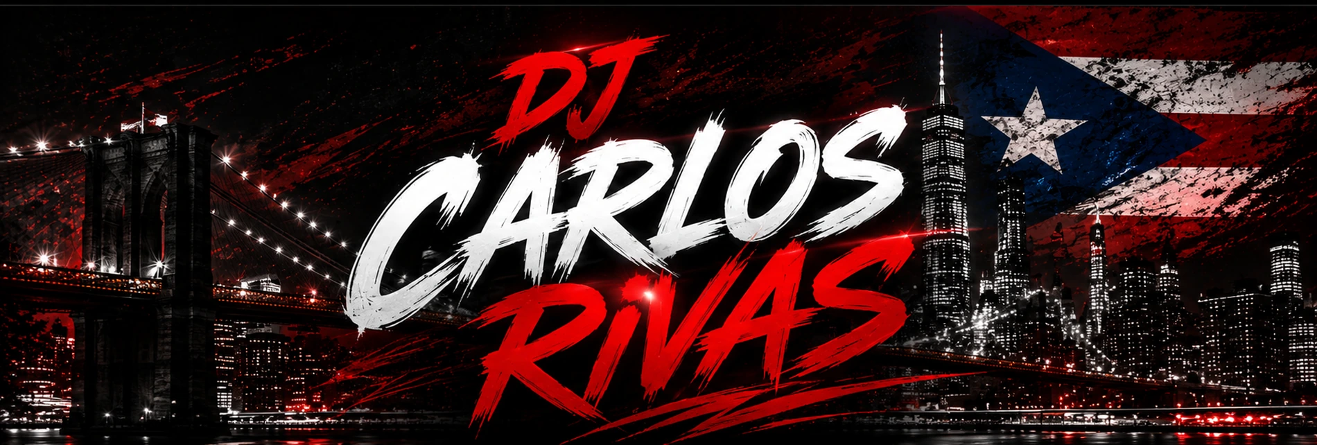 DJ Carlos Rivas with New York City skyline and Puerto Rican flag